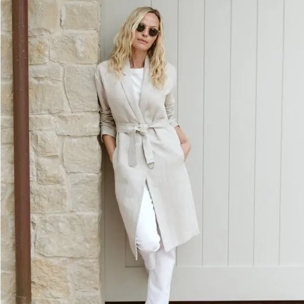 Jenni Kayne Linen Cotton Blend Trench Coat Natural Beige XL Women’s Long Belted